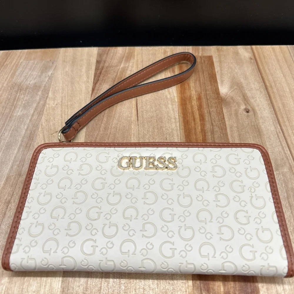 GUESS Beige With Brown Trim Embossed Wristlet‎ Wallet